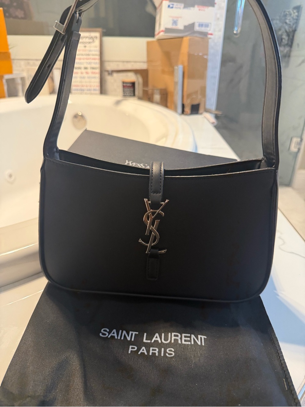 Saint Laurent Black Leather Shoulder Bag with SILVER YSL Hardware
